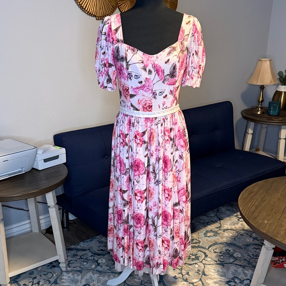 Ivy City Co. Pink Floral Print Sweetheart Square Neck Puff Sleeve Dress Medium - Picture 2 of 12
